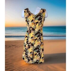 Tiki Palm Sundress XXL Yellow Brown Hawaiian Print Button Front Tie Waist Vacay